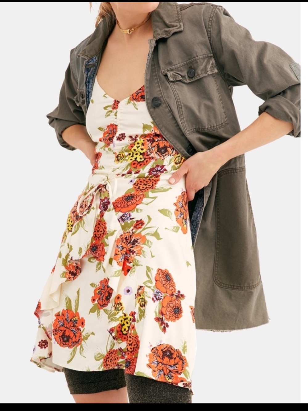 Free People White Mini Dress with Orange Floral Print